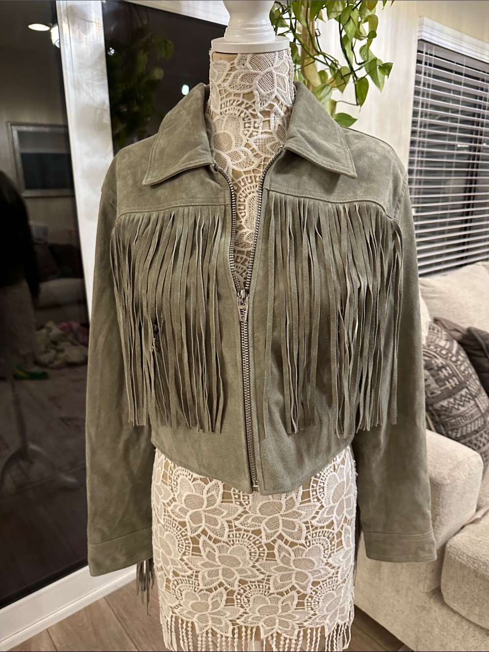 Stunning suede green fringe jacket blank NWT size M - Picture 6 of 11